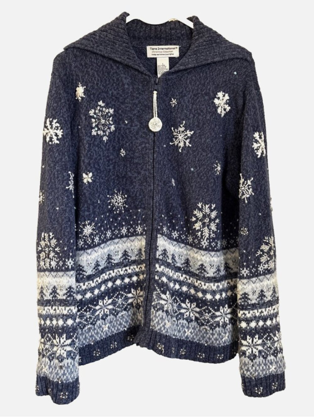 Tiara International Christmas Beaded Knit Ramie Blue Snowflake Sweater Women L
